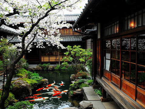 Serene Japanese garden: Koi pond, cherry blossoms, and traditional house