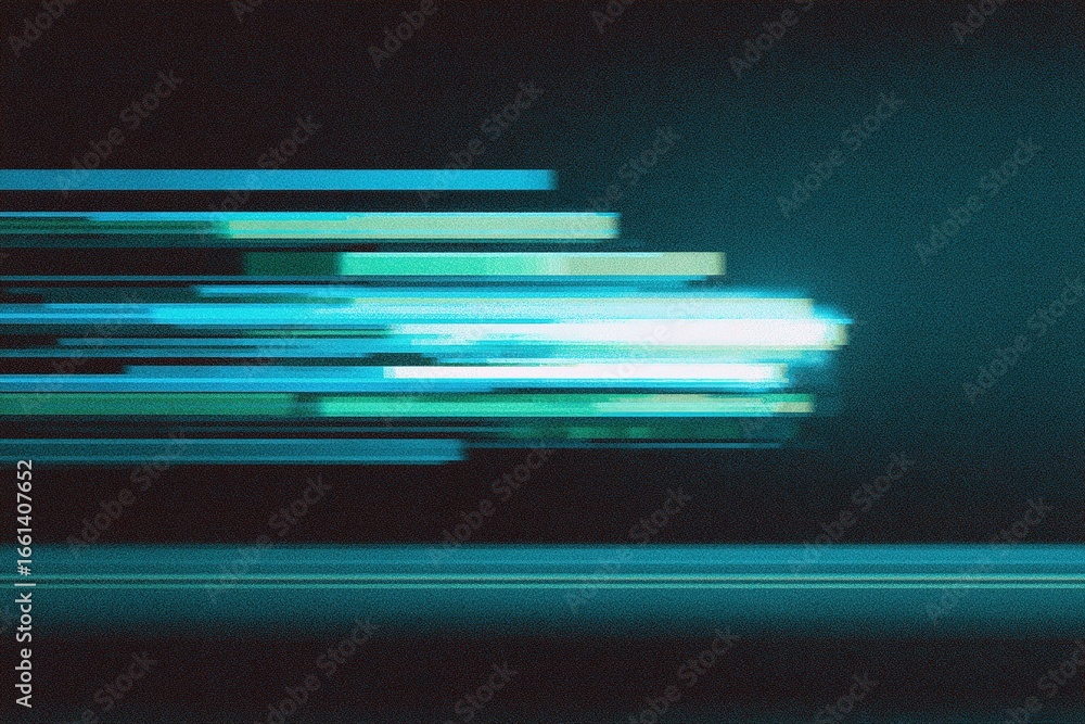 Poster dynamic movement abstract with blue and green streaks on a dark background, creating a sense of spee