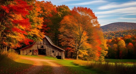 Obraz premium Picturesque Rustic Barn in Autumn Countryside with Vibrant Fall Foliage and Hills