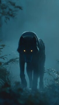 A formidable wolf stands amidst a misty forest at night, its glowing eyes piercing the gloom.