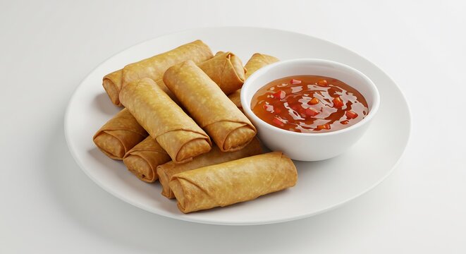 Neuf nems dor�s croustillants sauce douce lumi�re vive. AI Generated