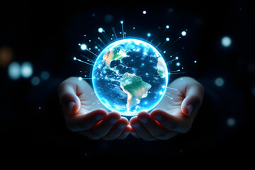Global Technology in Hands Glowing Earth Connection and Innovation