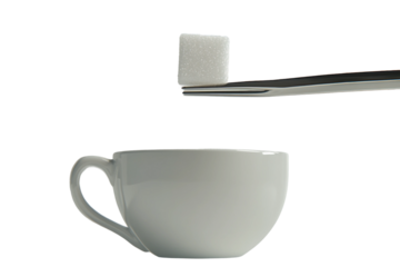 Pouring sugar cube into cup using silver tongs isolated on transparent background