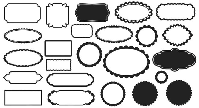 A collection of various decorative frames and borders in black and white, featuring different shapes and styles.