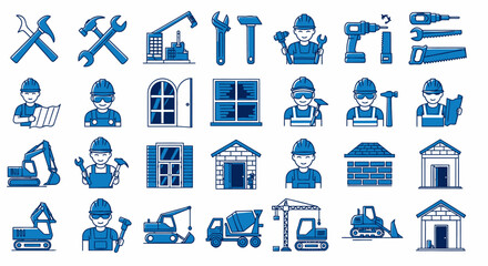 A collection of blue and white construction and repair icons, including tools, workers, vehicles, and building elements.