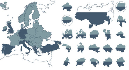Map of Europe and parts of Asia with countries highlighted in two shades of blue, showcasing geographical diversity.