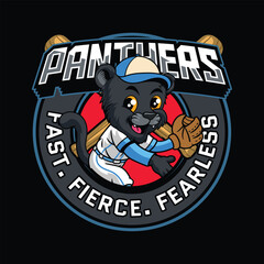 Cute black panther in a baseball uniform running joyfully with a glove in a cartoon emblem illustration