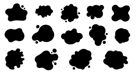 Collection of stylized, black ink or paint blots on a white background.
