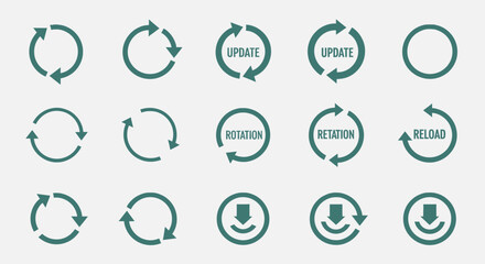 Collection of teal colored circular arrows and icons representing various actions on a light background.