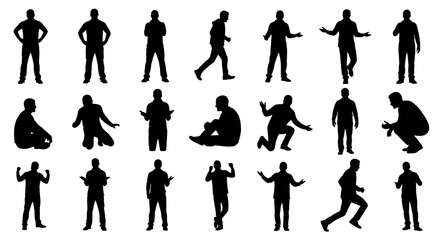 Silhouetted figures in various poses, depicting different activities and stances against a white background.