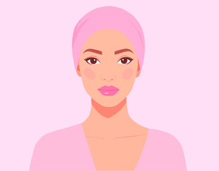 Flat vector illustration of a woman wearing a headscarf symbolizing breast cancer awareness. A strong and beautiful female character, representing hope, resilience, and support in pink.