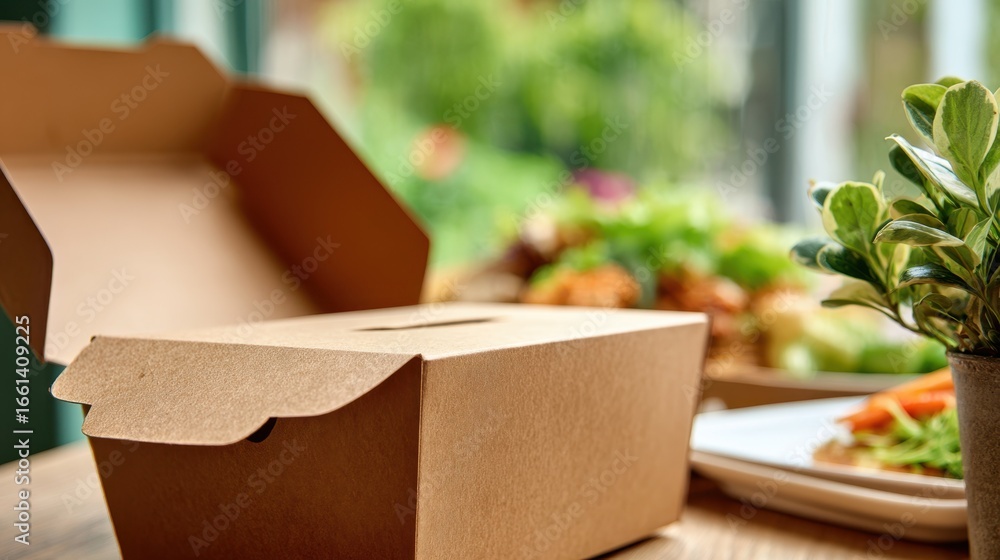 Poster sharp detail of compostable box made from recycled materials softfocus greenery in background enhanc