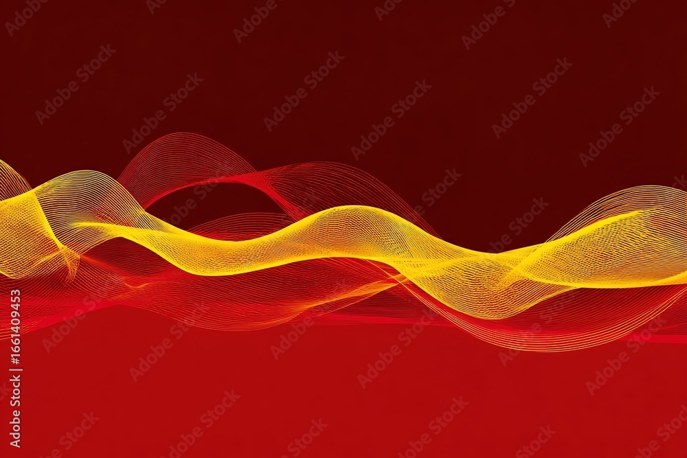 Poster dynamic waves of orange and yellow flow across a red background creating an energetic visual abstrac