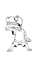 A vector illustration of a child with a dinosaur head, holding spray paint, and posing as if creating graffiti. This creative black-and-white design features a cartoon and street art style, perfect