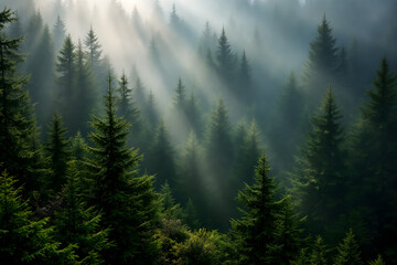 Misty Mountain Forest Evergreen Trees Sunbeams Nature Background