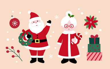 Set of Hand drawn winter christmas element flat vector illustration.
Collection of cute Santa Claus, Mrs. Claus, ornament, poinsettia, wreath, red berries, holly, gift box, candy canes, snowflakes.
