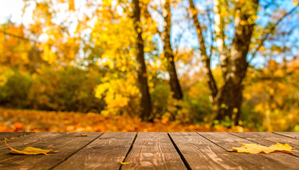 Rustic wooden table in the foreground with a beautiful blurred forest background