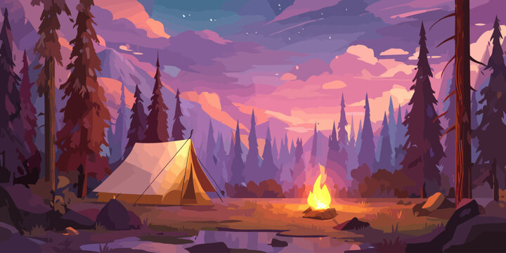 Stylized illustration of a forest campsite with a tent and campfire at dusk under a vibrant purple and pink sky.