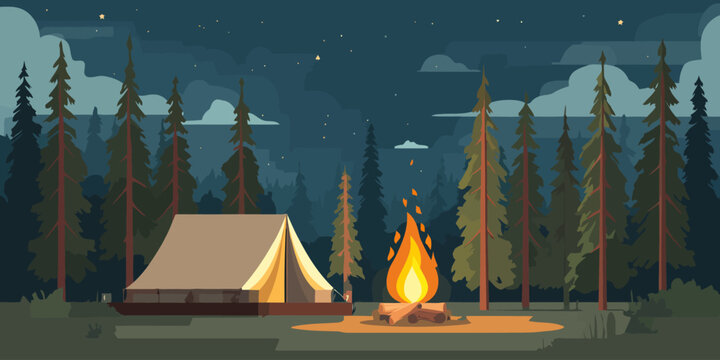 Serene night campsite with a glowing canvas tent and a warm bonfire in a dark pine forest under a starry sky.