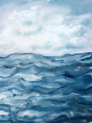 Fototapeta premium Blue wave and sea abstract impressionist wall art in watercolor and acrylic mix. Modern oil painting on canvas for posters, home decor, invitations, web design, and printable art.