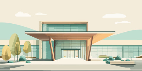 Modern building facade with a glass entrance and a prominent wooden canopy, flat vector illustration style.