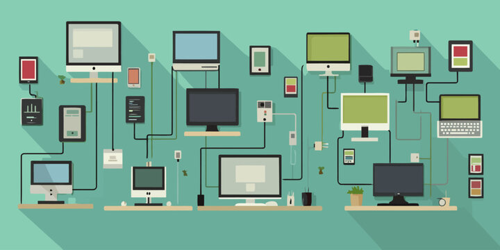 A complex network of interconnected computers, laptops, and mobile devices in a flat design illustration style with long shadows.