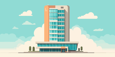 Modern high-rise office building with a two-tone orange and beige facade and a wide glass ground floor.