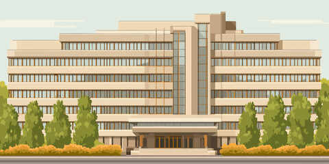 Symmetrical beige multi-story office building with a central glass facade and many windows.