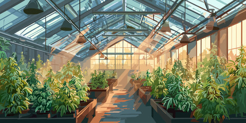 Stylized illustration of a sunlit greenhouse with rows of cannabis plants growing in pots under a glass roof.