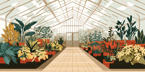 Stylized illustration of a sunlit greenhouse interior with diverse potted plants, featuring a central tiled walkway and glass roof.