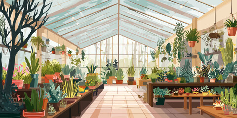 Bright, sunlit greenhouse interior filled with a lush variety of potted plants in a flat illustration style.