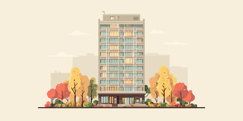 Stylized illustration of a tall residential tower with balconies, framed by colorful autumn trees.