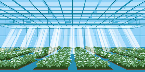 Modern industrial greenhouse interior with rows of green plants under bright grow lights.