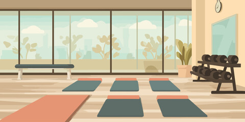 Spacious fitness studio interior with exercise mats, dumbbell rack, and large panoramic windows.