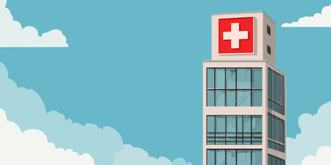 Tall modern hospital building with a red cross sign and large glass windows. Vector illustration of a medical clinic exterior.
