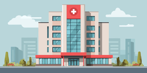 Modern multi-story hospital building with a prominent red medical cross and large glass windows.