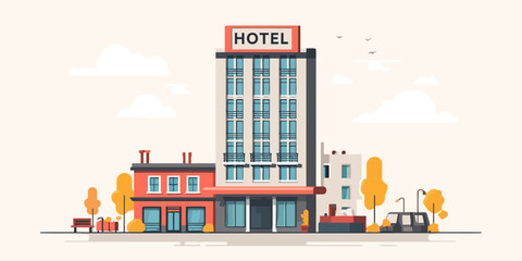 Flat design illustration of a city street with a modern hotel building, autumn trees, and a car.