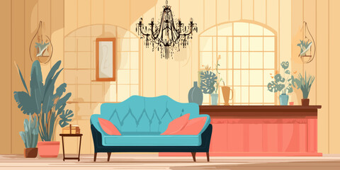 Illustrated classic living room interior with a turquoise sofa, pink pillows, and an ornate black chandelier.