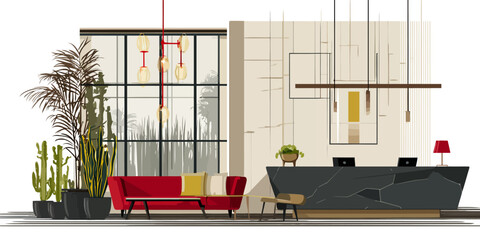 Illustrated modern hotel lobby featuring a red sofa, potted plants, and a sleek black reception desk.
