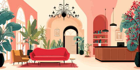 Chic hotel lobby interior illustration with a red sofa, lush plants, and elegant decor.