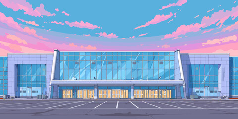 Frontal view of a modern building with a large glass facade in a clean anime art style.