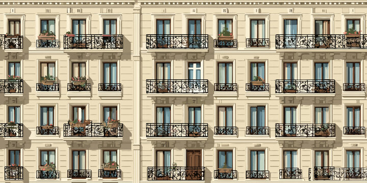 Classic European building facade illustration with ornate wrought-iron balconies and windows.