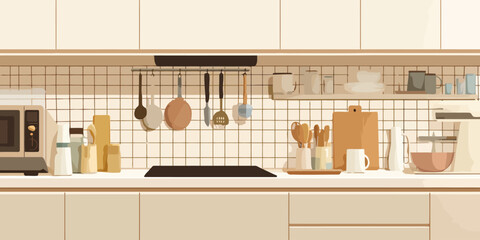 Fototapeta premium A tidy kitchen counter with modern appliances and cooking utensils in a warm, neutral palette.