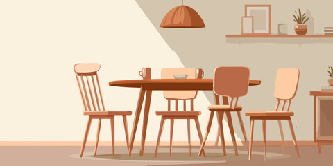 Fototapeta premium Stylized illustration of a cozy dining room with a wooden table and chairs in warm tones.