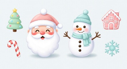 Festive winter design set with a cheerful santa, snowman, gingerbread house, christmas tree, and candy cane.