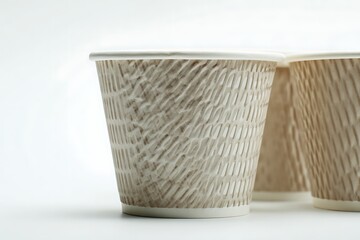 Obraz premium Three paper cups with pattern design and white rims standing on a white surface