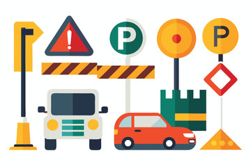 An illustrated vector set of construction vehicles on a road site with traffic signs