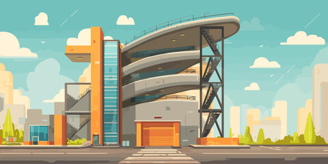 Modern multi-story parking garage with a spiral ramp and a striking orange elevator tower.
