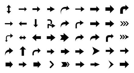 A collection of various black arrow icons pointing in different directions, arranged in rows.