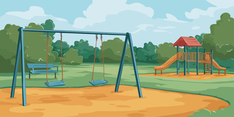 Fototapeta premium Colorful cartoon illustration of an empty children's playground with a blue swing set and a slide structure in a park.